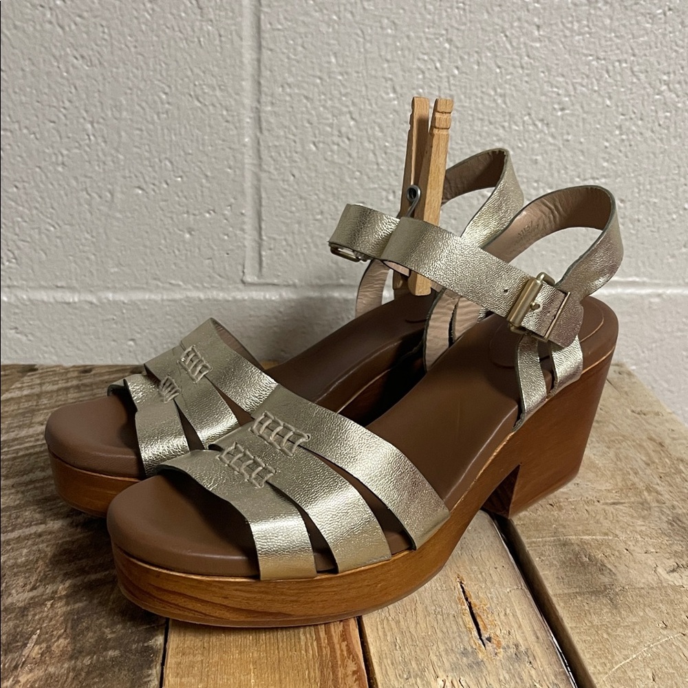 Boden Golden Platform Sandals with Wooden Heel